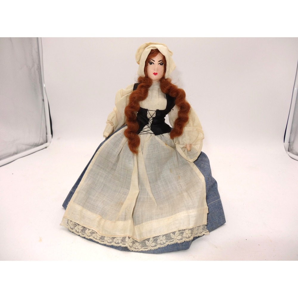 Vintage Handmade Folk Art Cloth Doll Red Hair Blue Skirt Lace Apron Bonnet
